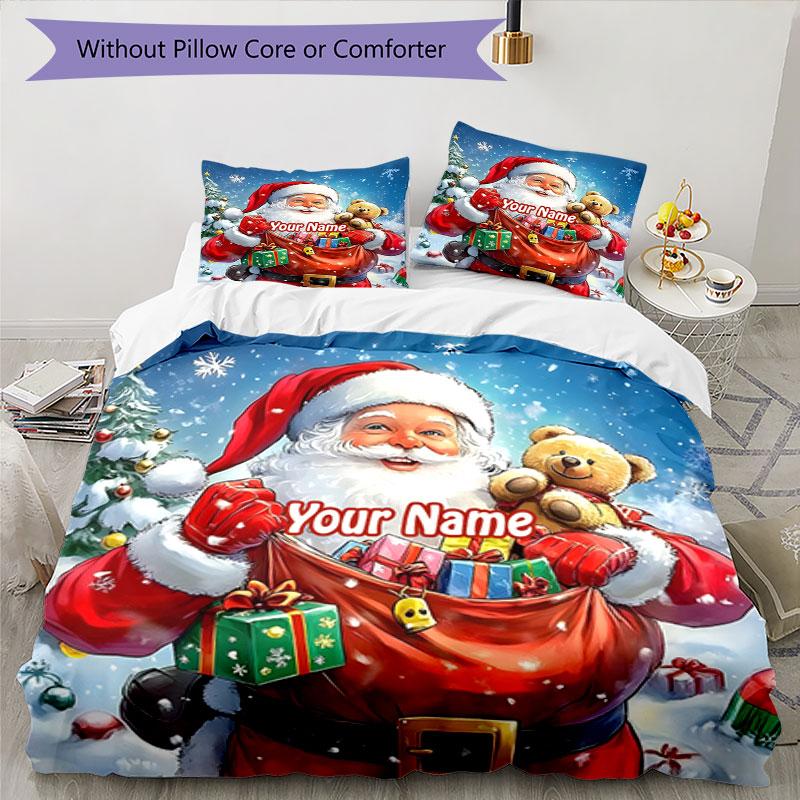 3PC Custom Name Santa Claus Gifts Teddy Bear. Bedding Set Duvet Cover Closure Includes 1 Duvet Cover & 2 Pillowcases for Bedroom