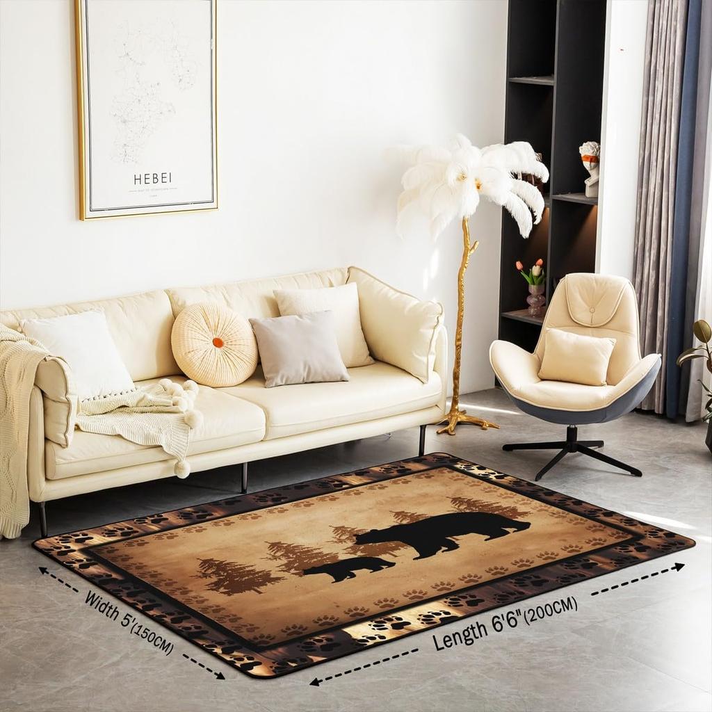 Farmhouse Bear Area Rug for Kids Bedroom and Living Room, Retro Brown Paw Print Carpet, Wild Animal Decorative Floor Mat