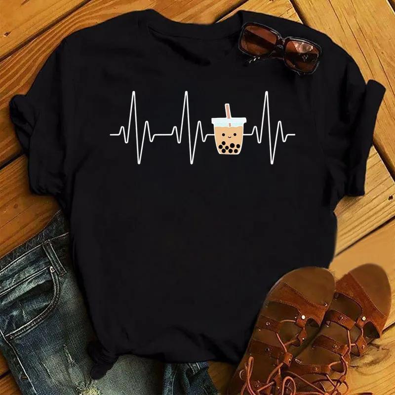 Kawaii Cartoon Milk Tea Printed T Shirt Women Fashion T Shirt Casual Tops 90s Girls Ladies Female Cute Graphic Tee