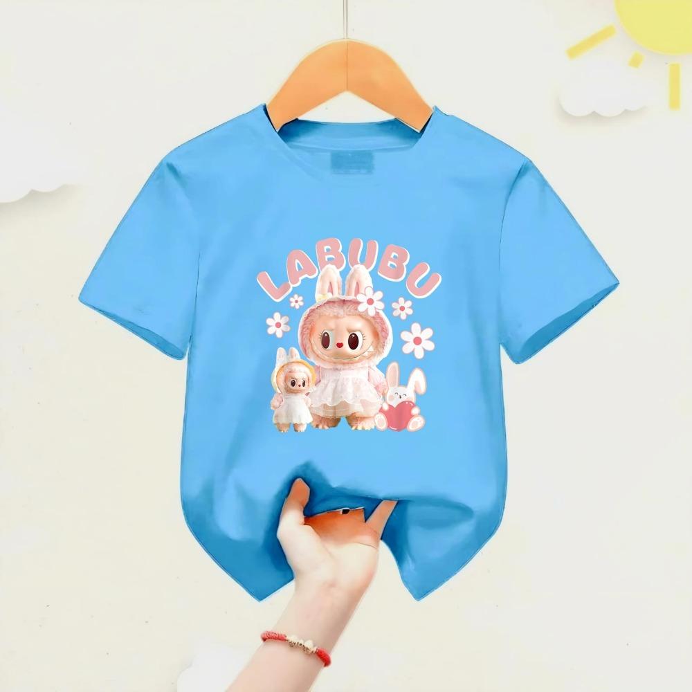 New Labubu Children's T-shirt Scarf LABUBU Flower and Rabbit Pattern Girl Round Neck Short Sleeve Casual Versatile Clothing