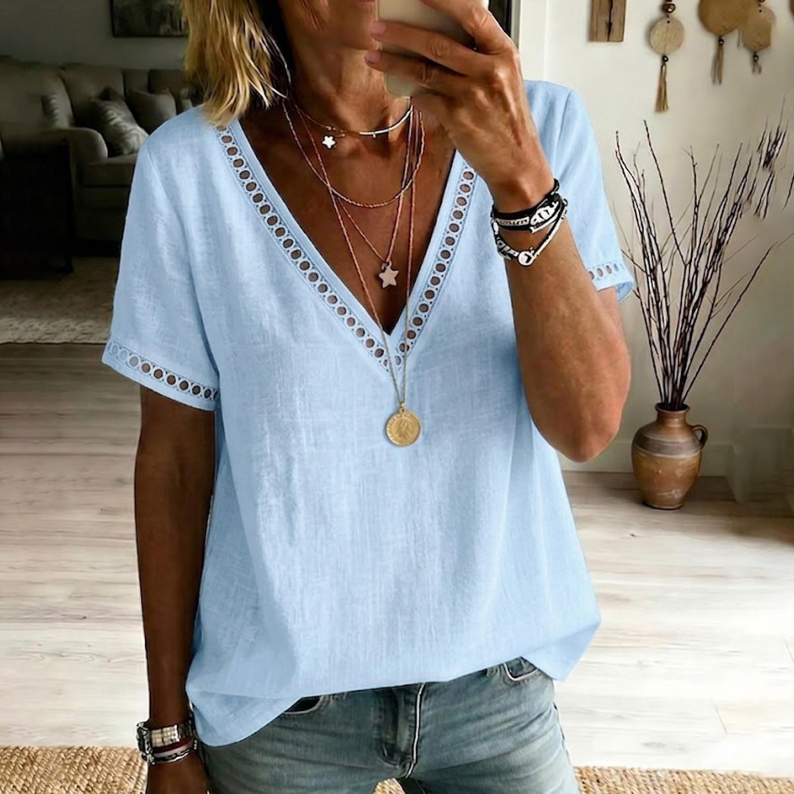 Women s Summer Color Cotton And Linen Collar Short Sleeved Shirt L