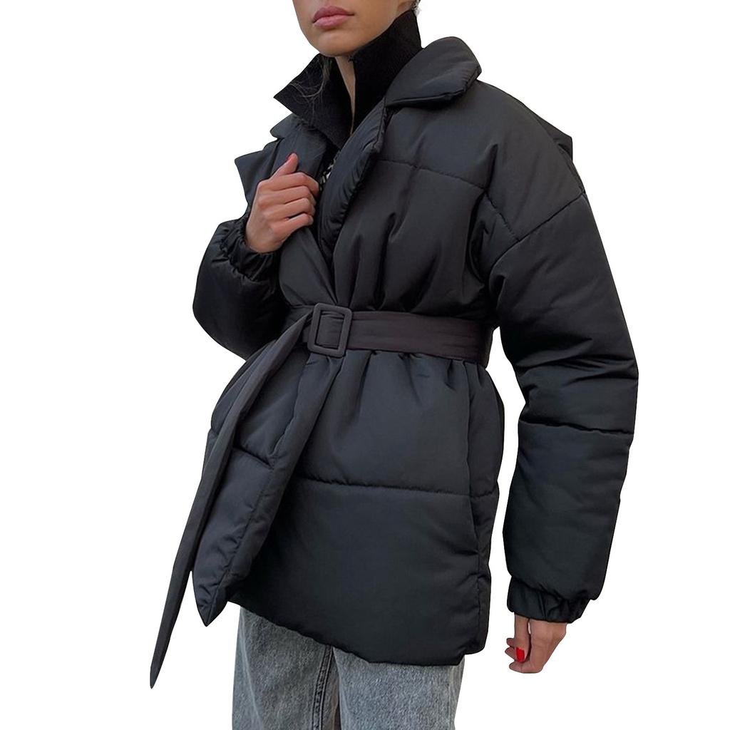Winter New Thickened Slim Waist Cotton Coat Solid Color Belt Lapel Cotton Coat