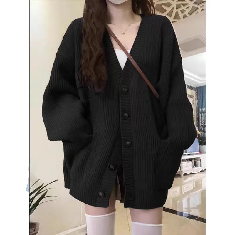 Women Spring and Autumn Loose Cardigan Long Sleeve V-neck Knitted Coats Korean Style Solid Baggy Tops