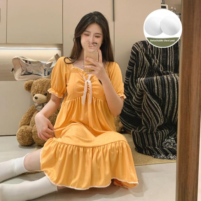 

Женские ночные рубашки с коротким рукавом и нагрудными подушечками, летняя однотонная домашняя одежда для молодых девушек, милая ночная рубашка, повседневная свободная одежда для дома XXL