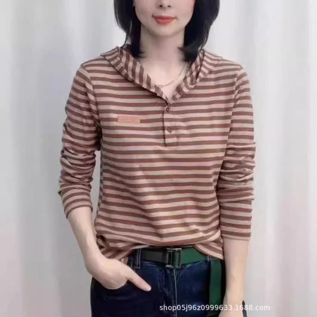 Striped Long-sleeved T-shirt for Women's Loose Versatile Hooded Sweatshirt Base Shirt Fashionable Top