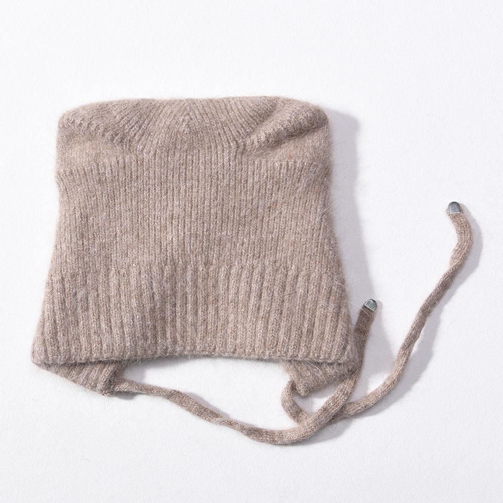 Solid color Angora long rabbit hair lace-up cat ear hat warm wool hat knitted hat windproof ear protection