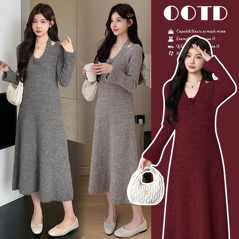2025 French Floral Maternity Sweater Dress: Elegant and Trendy Autumn/Winter Fashion XL