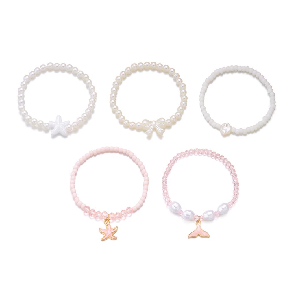 Elegant Mermaid Tail Imitation Pearl Elastic Bracelet Set for Women Cute Bowknot Starfish Shell Bracelets Party Jewelry Gift