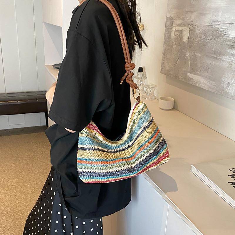 Summer Womens Woven Tote Bag With Zipper Closure For Casual Daily Use
