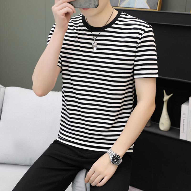 

Summer men s short-sleeved T-shirt Young and middle-aged striped crew neck versatile half-sleeve shirt men s top clothes trendy cotton clothes M