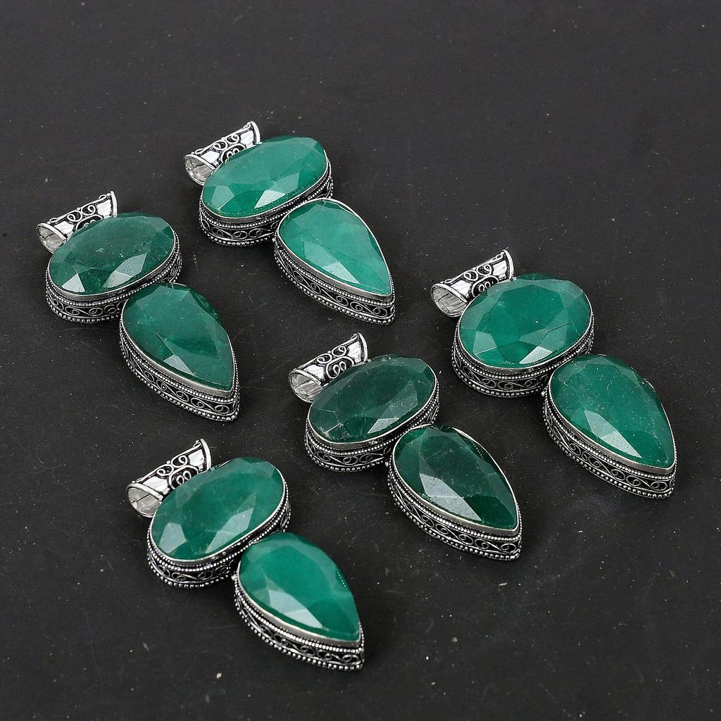 Colgante de plata de ley 925 hecho a mano con piedras preciosas de esmeralda, colgante de piedras preciosas de esmeralda doble, collar, regalos para mujeres