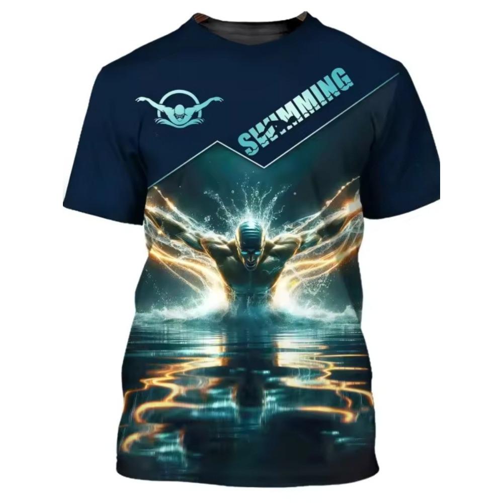 Men's 3D Printed Swimming T-shirt Loose Casual Comfortable Breathable Plus Size Short Sleeved Versatile Fashion T-shirt