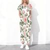 Women Plus Size White Floral Printed Scrub Set Cutout Neck Short Sleeve Pocket Top Long Pants Two Piece
