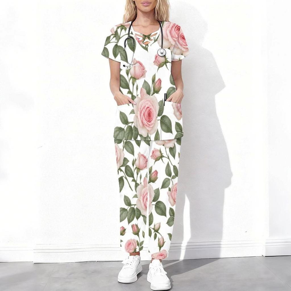Women Plus Size White Floral Printed Scrub Set Cutout Neck Short Sleeve Pocket Top Long Pants Two Piece