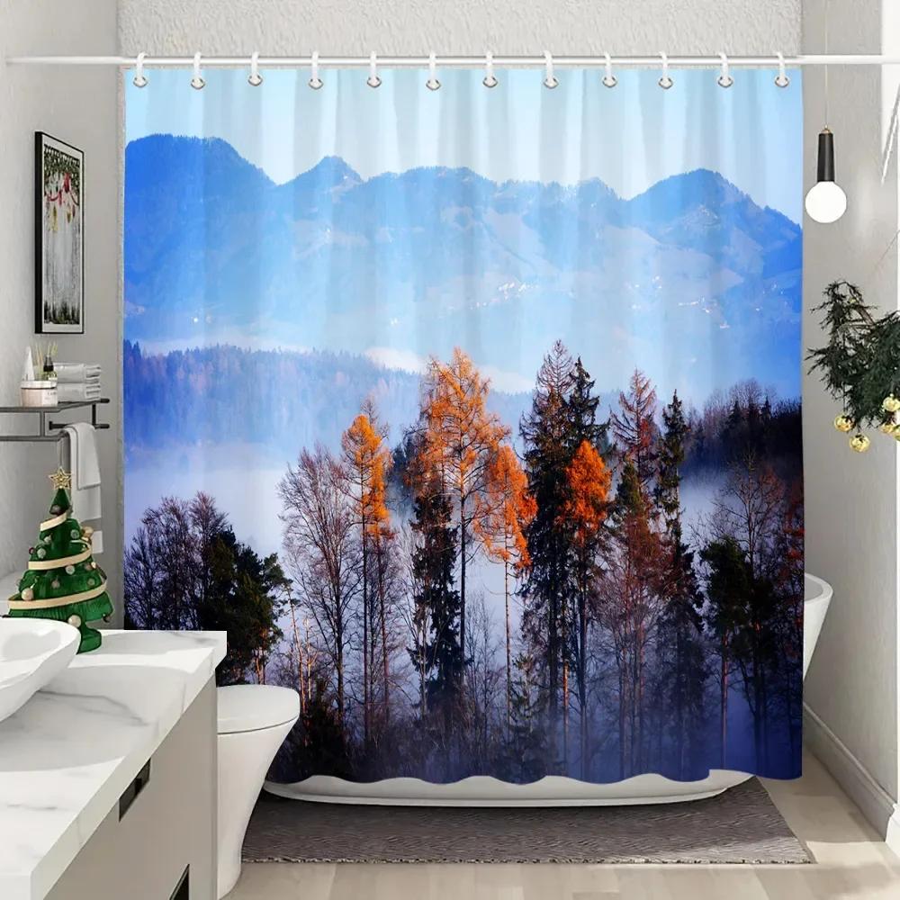 

Winter Outdoor Forest Snow Shower Curtain Farmhouse Mountain Landscape Polyester Fabric Washable Shower Curtains Bathroom Decor W60H190(CM)-1 Pcs