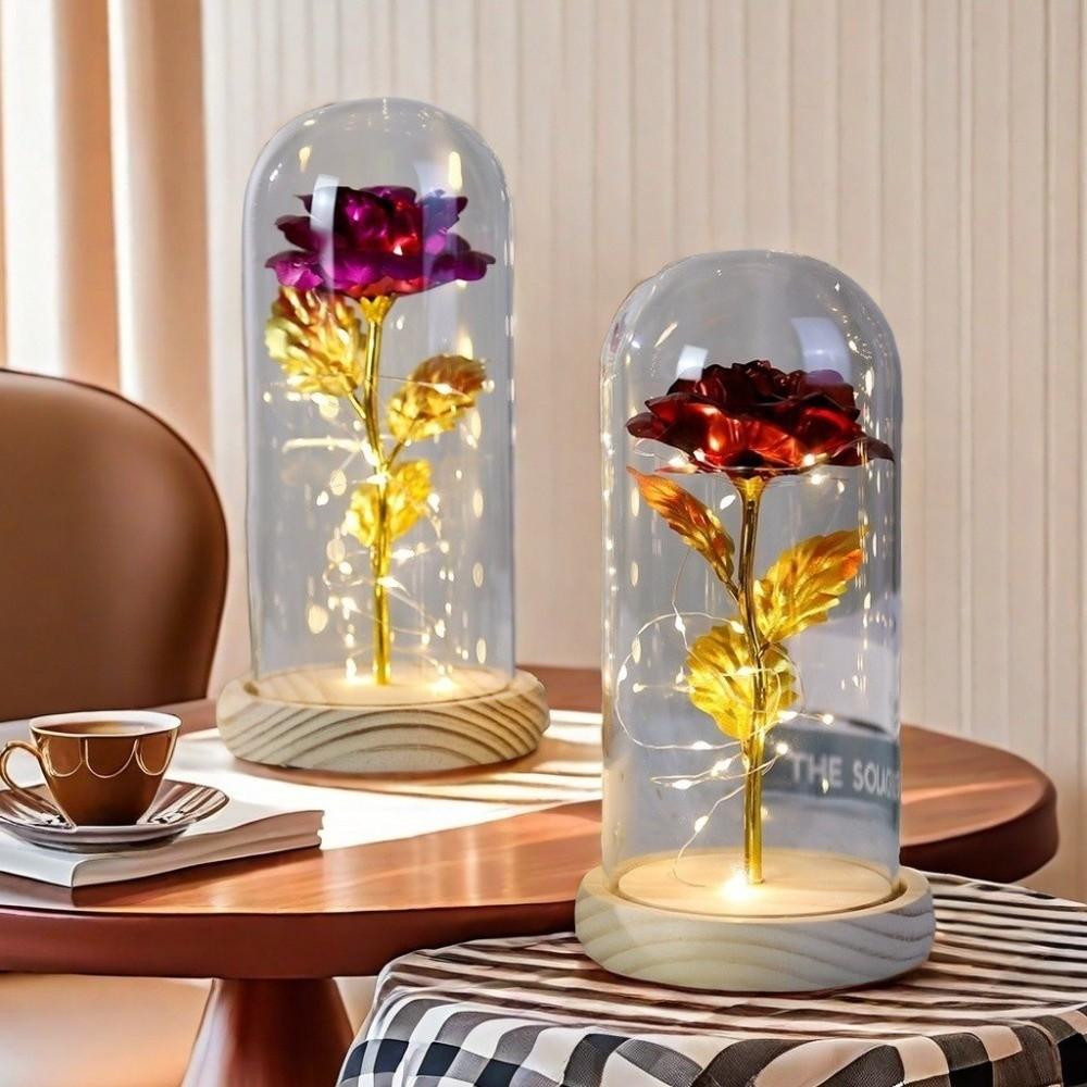 LED Light Rose LED Light Wooden Base Artificial Flowers Preserved Rose Flower  Valentine's Day