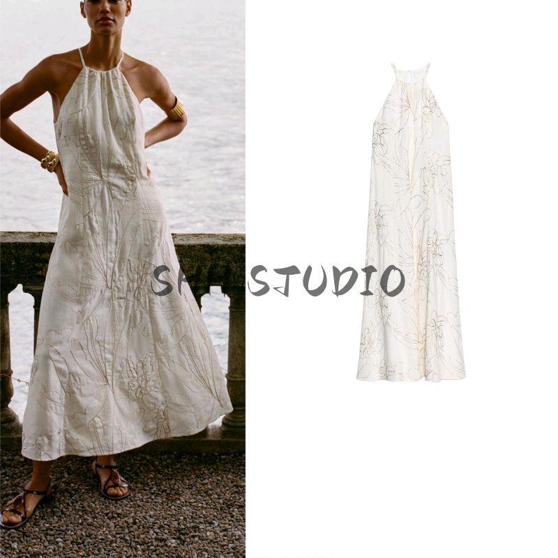Summer New Product Women's Clothes Vacation Style Metal Color Thread Flower Embroider Hanging Collar Long Dress 8308853