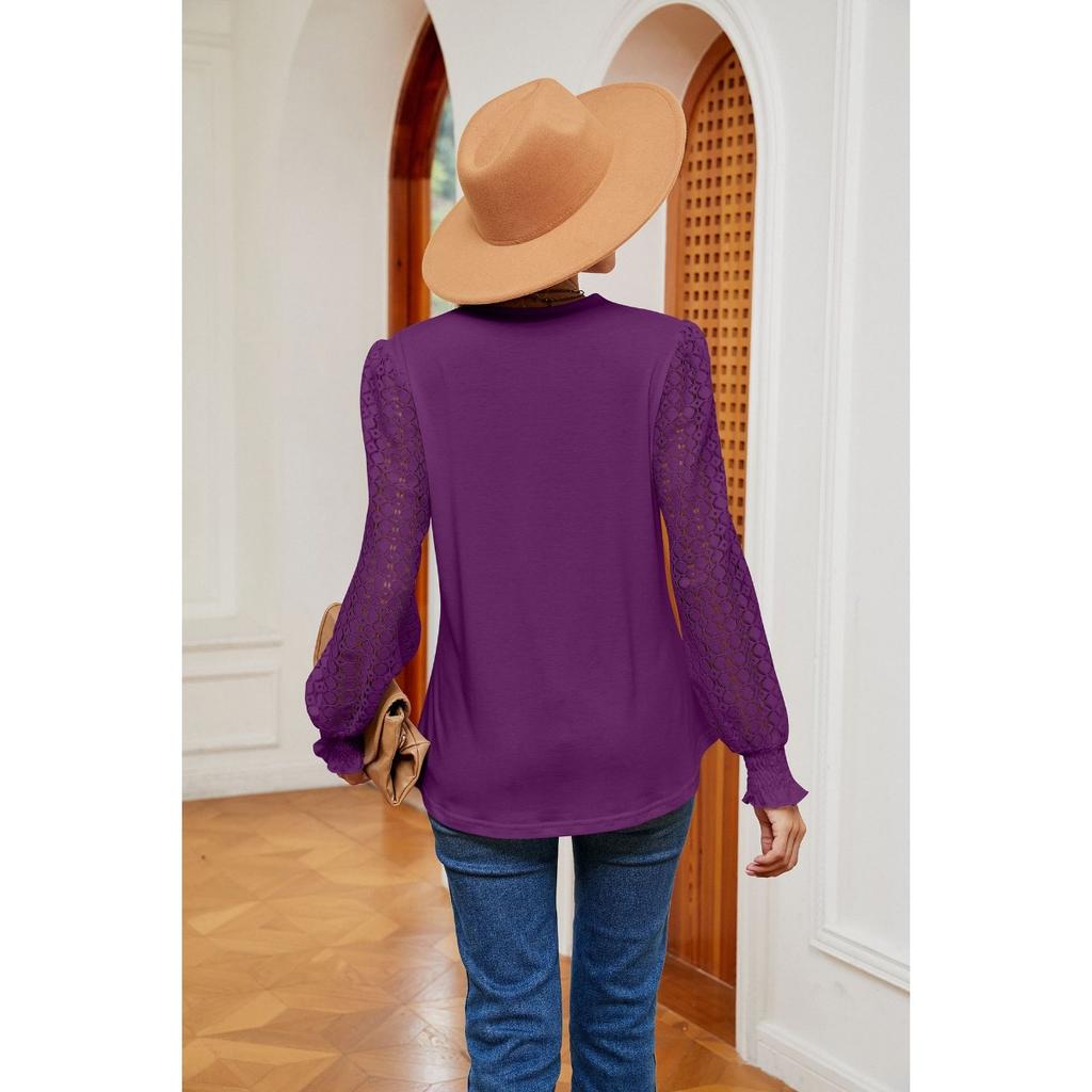 Fall Winter New Women's V-Neck Lace Splicing Loose Long Sleeve T-Shirt Top, Cross-Border Casual Tops for Women