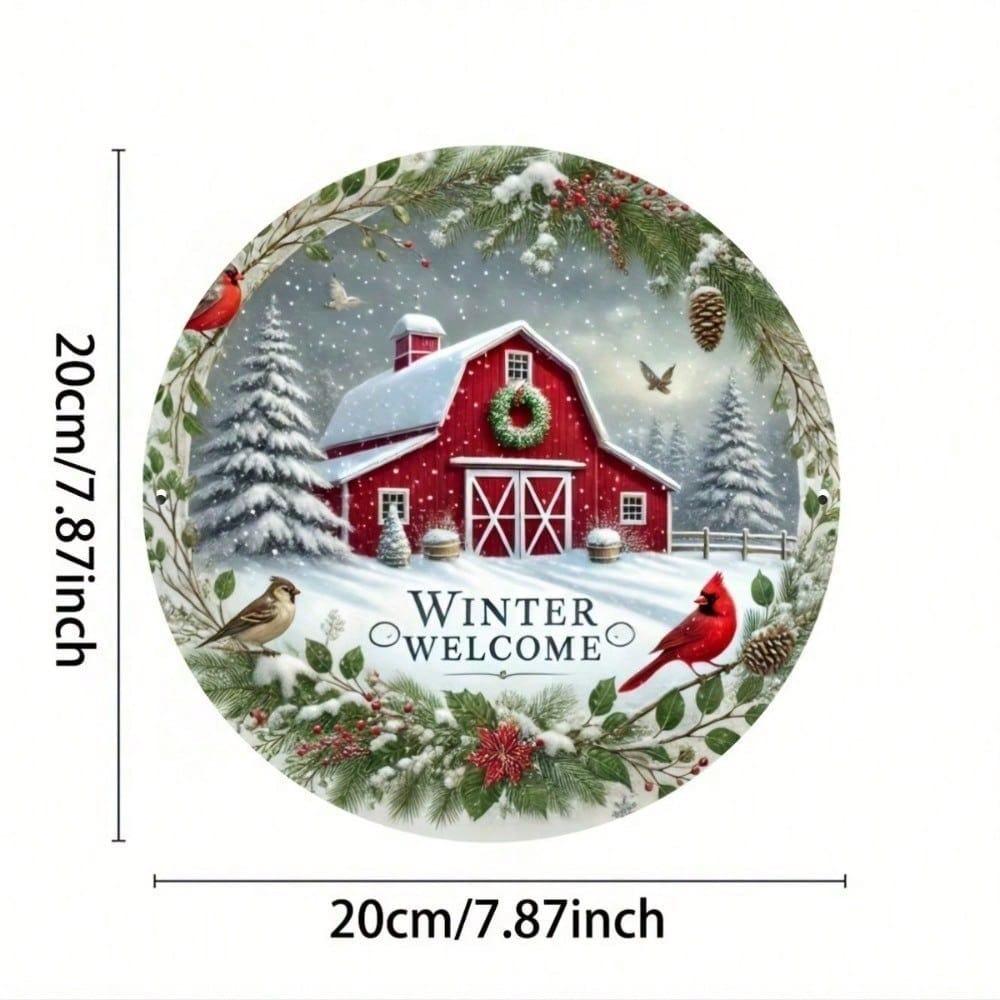 Vintage Red Barn Snowy Tin Metal Sign 8x8 Rustic Winter Farmhouse Wall Art Home Decor Kitchen Bar