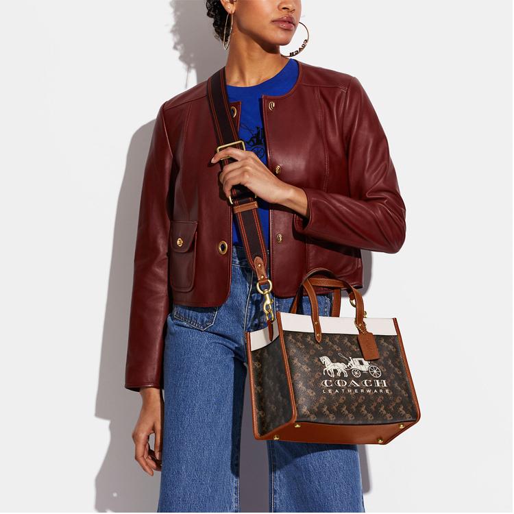 Coach Field 30 Classic Horse And Carriage Print Color Block Tote Bag Women Tote Bags Dark-Brown White C8458-B4TXN