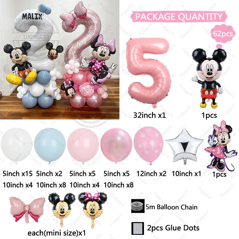 

62Pcs Disney Minnie Mouse Themed Balloons 32 inch Pink White Number 1-30 Coil Globos for Girl Birthday Party Baby Shower Decor 32inch