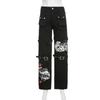 Women Gothic Print Strap Decor Flare Cargo Jeans Streetwear High Waist Denim Pants