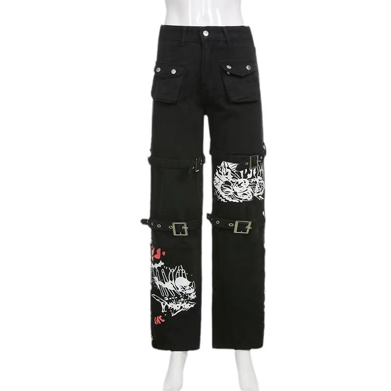 Women Gothic Print Strap Decor Flare Cargo Jeans Streetwear High Waist Denim Pants