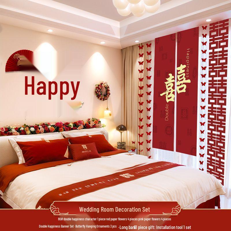 Wedding Room Decor: Double Happiness Banner for Bedroom Headboard & Curtains.