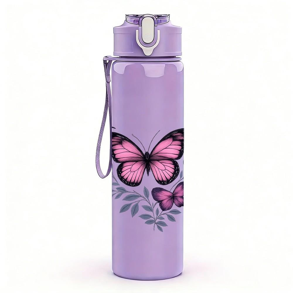 1PC Purple Butterfly Floral Print 750ml Color Plastic Sports Water Bottle Leakproof Flip Straw Lid Suitable for Sports Office Home Use