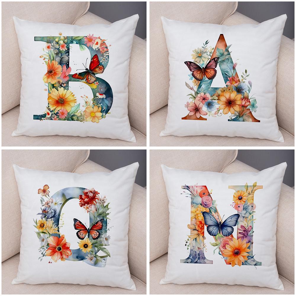 Floral Letter J Pillowcase Double Print Watercolor Letter U Cushion Cover Soft Plush Flower Letter D Pillowcase for Sofa Home