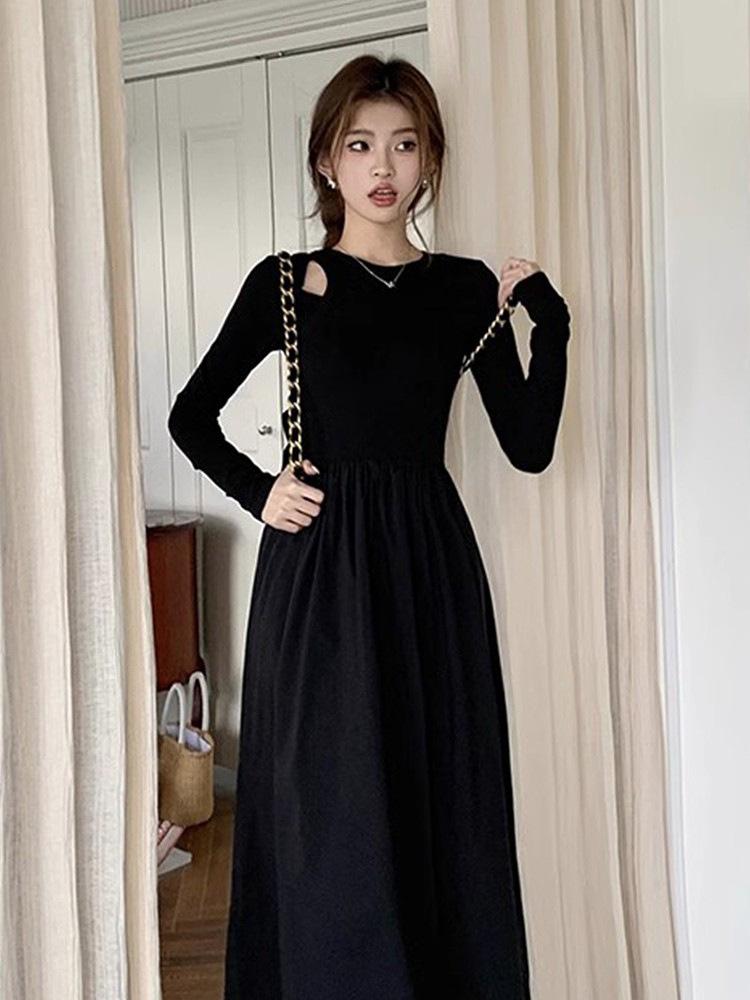 

Hepburn style hollow knitted long-sleeved dress women s spring and autumn new design sense niche temperament slim and thin long dress S чёрный