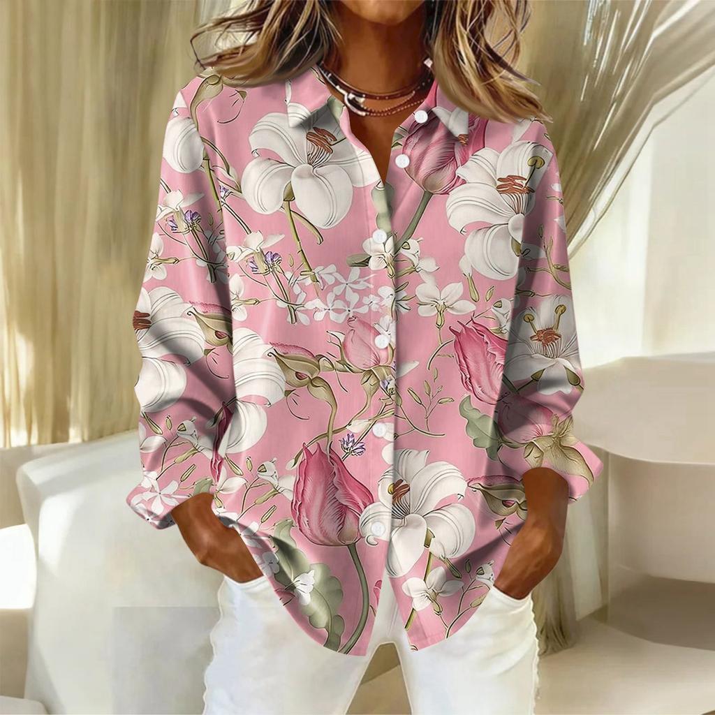 Dámská košile s knoflíky s květinovým potiskem, ležérní košile s dlouhým rukávem, halenky, ležérní základní topy plus size