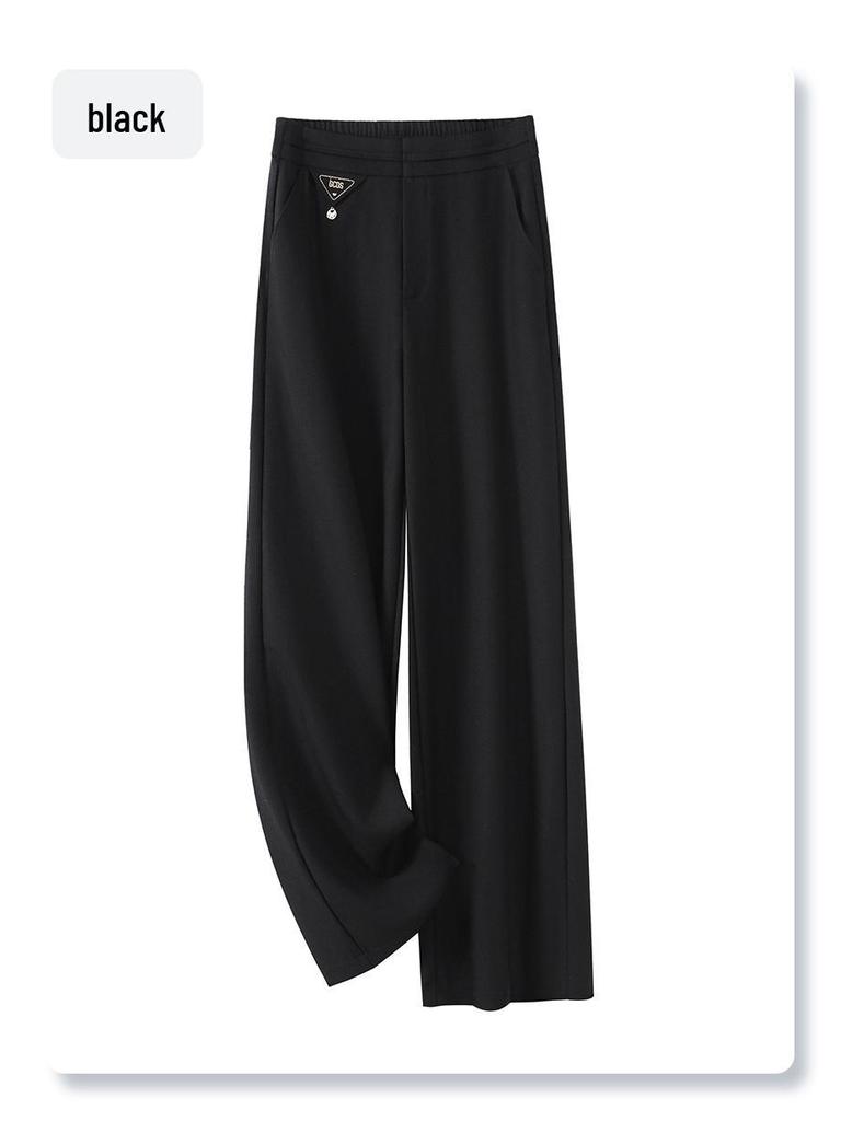 2025 Spring Women's High-End Wide-Leg Black Drape Pants - Casual High-Waisted Straight-Leg for Spring & Autumn