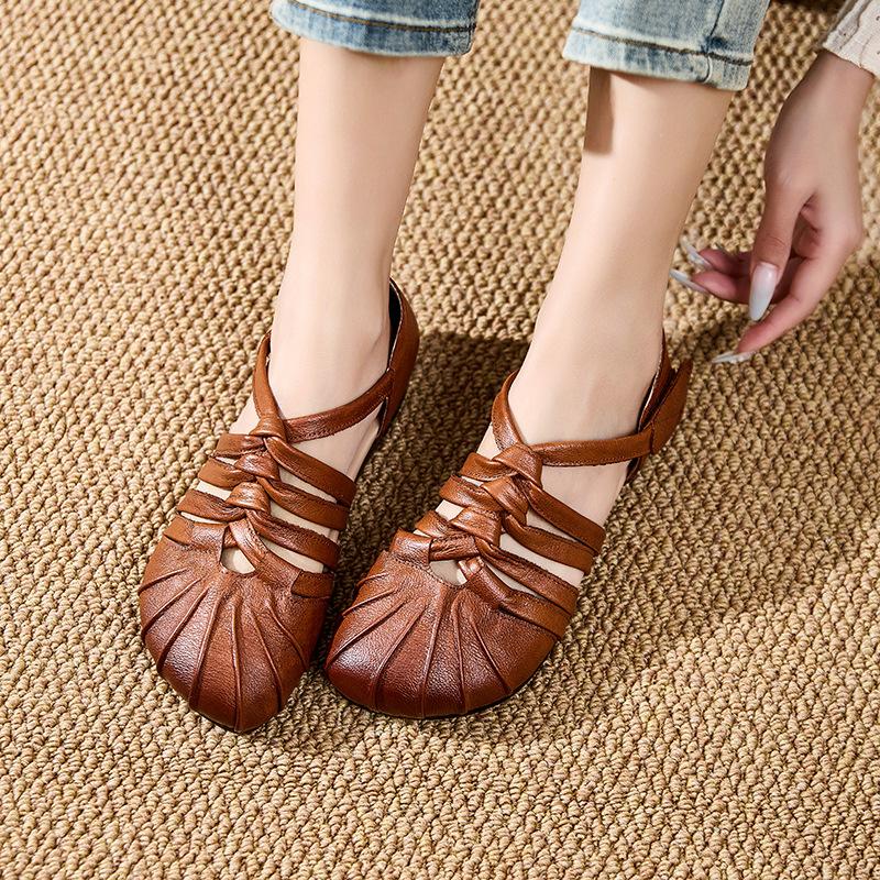 Genuine Leather Hollow Out Women Sandals Summer New Women's Flat Shoes Cow Tendon Soft Sole Comfortable Casual Mom Shoes