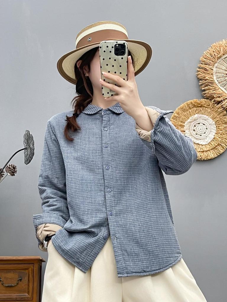 Women's Stylish Plaid Quilted Shirt Jacket with Cotton Padding - 2025 Autumn/Winter Collection, Warm Casual Top (Style 86536)