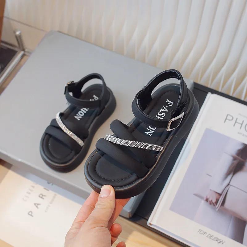 

Girls Sandals 2024 Summer New Children s Princess Beach Shoes Big Kids Water Diamond School Flats 36 Insole 22.5cm чёрный