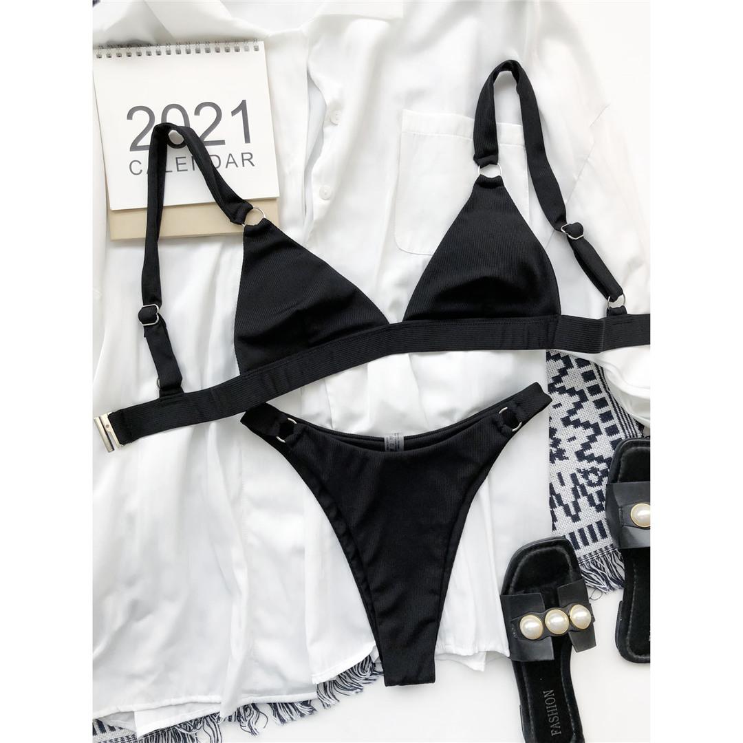 

Сексуальное бикини с высоким вырезом в рубчик, женские купальники, женский купальник, комплект из двух частей, мягкий купальный костюм, купальный костюм для женщин S чёрный