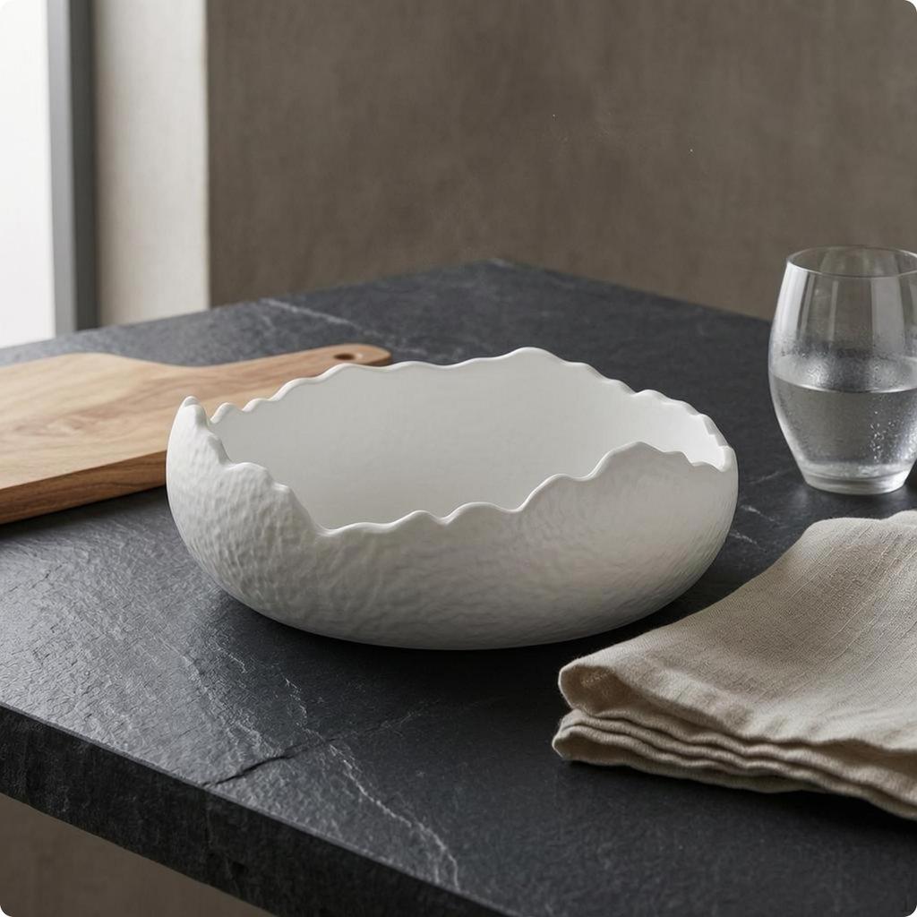 Irregular Ceramic Bowl Matte Finish Wavy Smooth Interior Tableware 20x20cm Plate Black