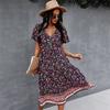 Women Dress Short Sleeve High Waist Spring Summer Bohemian Print V Neck S-XL