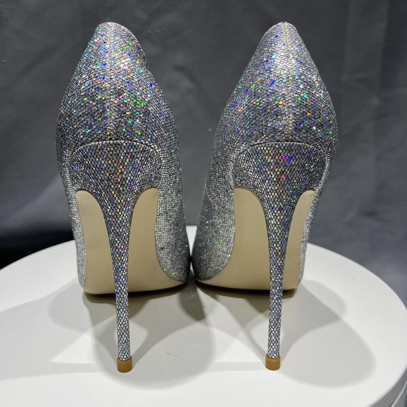 Bling Sliver Sequined Cloth 10cm Thin High Heels Slip On Women Pumps 2024 Wedding Party Shoes Woman Big Size 43 44 45