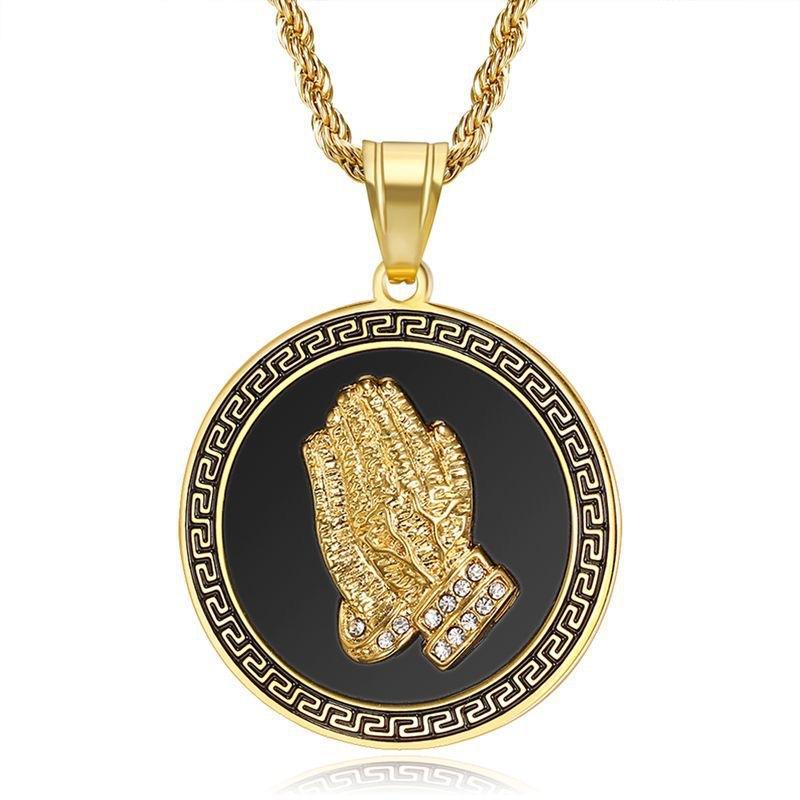 Original Hip Hop HIPHOP Trendy Brand Titanium Steel Gold-Plated Diamond Great Wall Pattern Prayer Buddha Hand Pendant Necklace