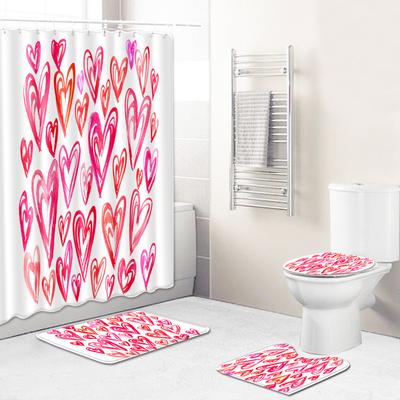 Liebe Valentinstag Duschvorhang Fußmatte Vierteiliges Set Badezimmer Rutschfeste Türvorleger Schlafzimmer Teppich