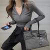 New Arrivals Open Run Women Slim FiT Long Sleeve Ribbed T shirT Half Zip