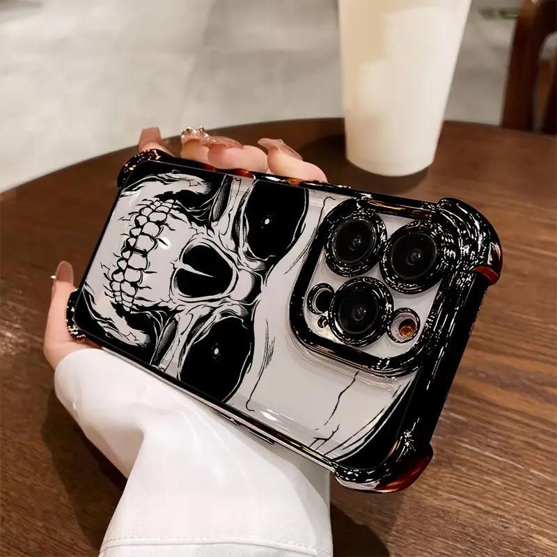American retro sketch skull mobile phone case Apple 15 electroplated transparent soft case Gothic niche personality protective case