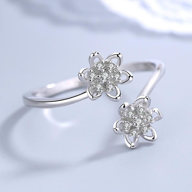 S925 Sterling Silver Korean Style Women's Diamond Lotus Ring All-Matching Fresh Flower Open Ring Silver Ring