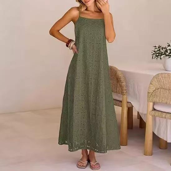 2026 European & American Sleeveless Women's Lace Dress - Solid Color with Button Straps
