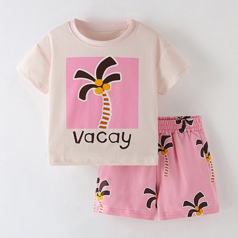 Ready Stock Baby Girl Summer Outfit Set Infant Clothes Pure Cotton Short-Sleeved Two-Piece Set for Girls Toddler Summer Thin Style 3456 Rice Noodle Coconut Tree 110