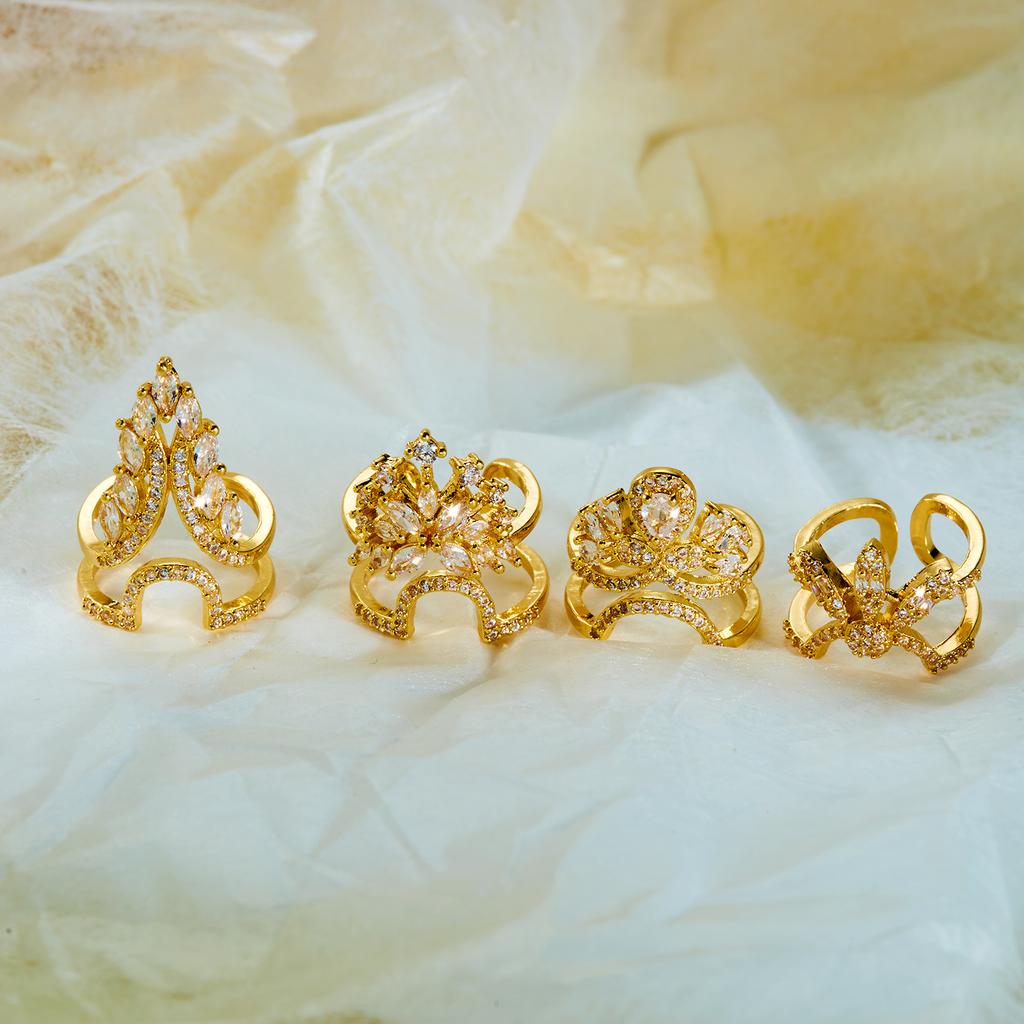 Exquisite Inlaid CZ Zircon Nail Ring for Women Creative Design Shiny Crystal Crown Flower Nail Open Ring Party Versatile Jewelry