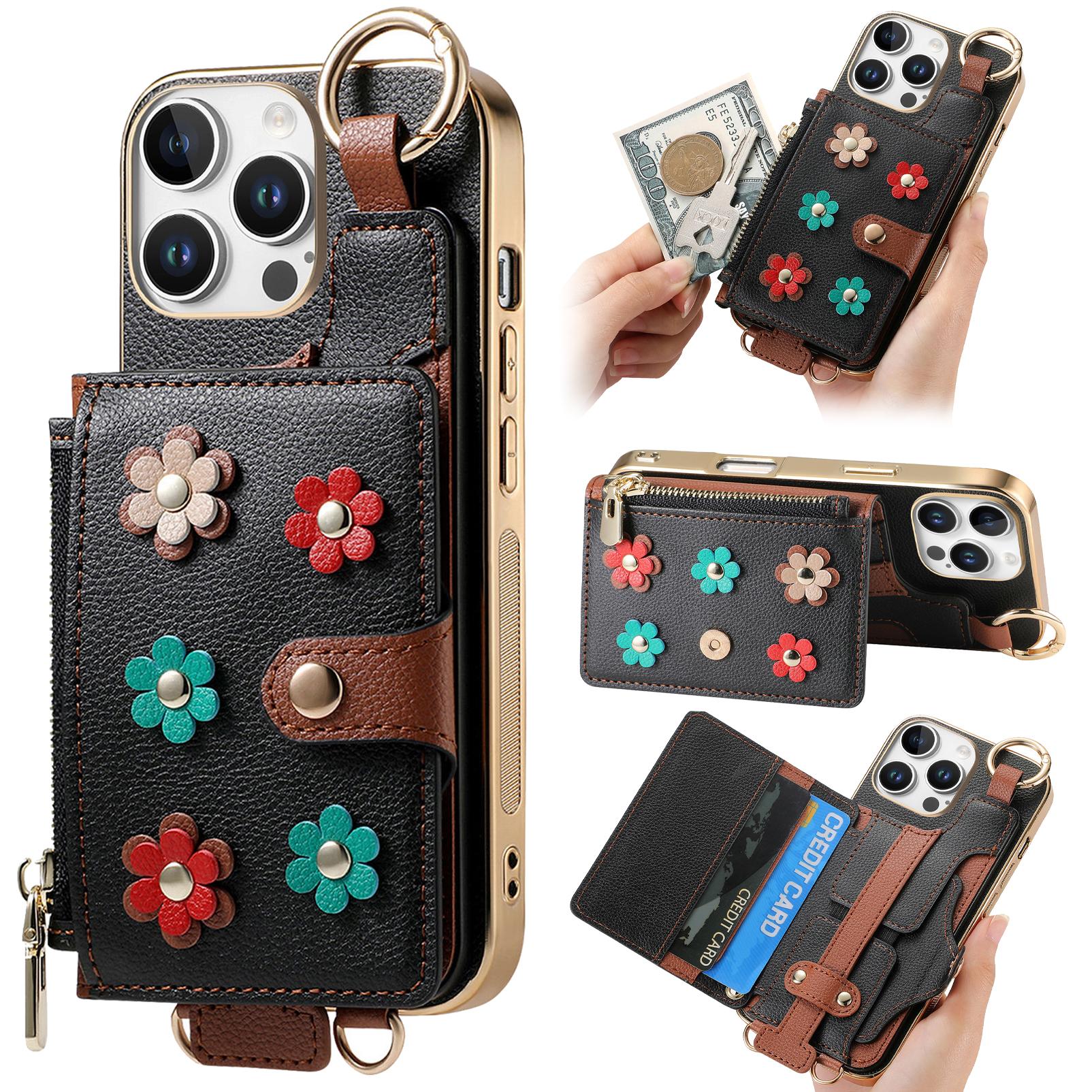

For iPhone 16 Pro Max Case Detachable Card Holder PU Leather+TPU Flower Aesthetic Phone Cover with Straps Black