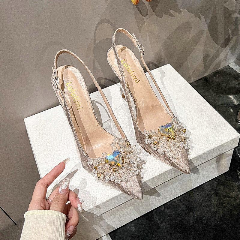 Fashion 2025 New Fine Heel Pointy Diamond Pumps Pearl Wedding Shoes Sparkles Baotou Glass Glue High-heeled Sandals
